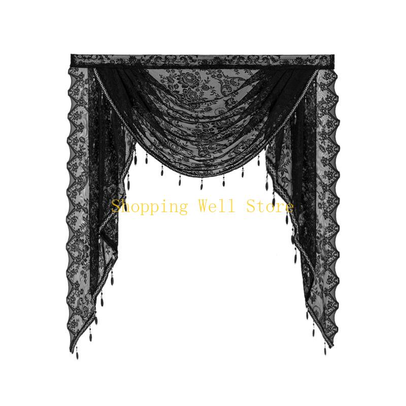 

KX4B Gracefuls Laces Valance with Beadeds Accent and Florals Embroidery for Enhancing Bedroom or Living Room Ambiances чорний