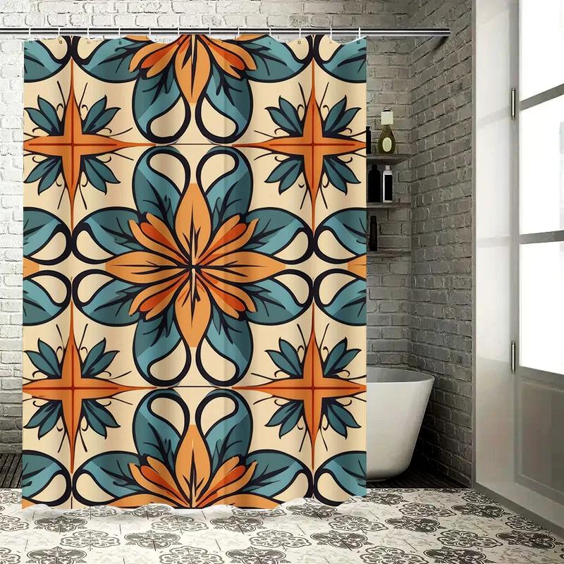 Vibrant Floral Shower Curtain Waterproof Printed Home Decor Bath Mat for Bathroom Accessories Orange Blue Pattern