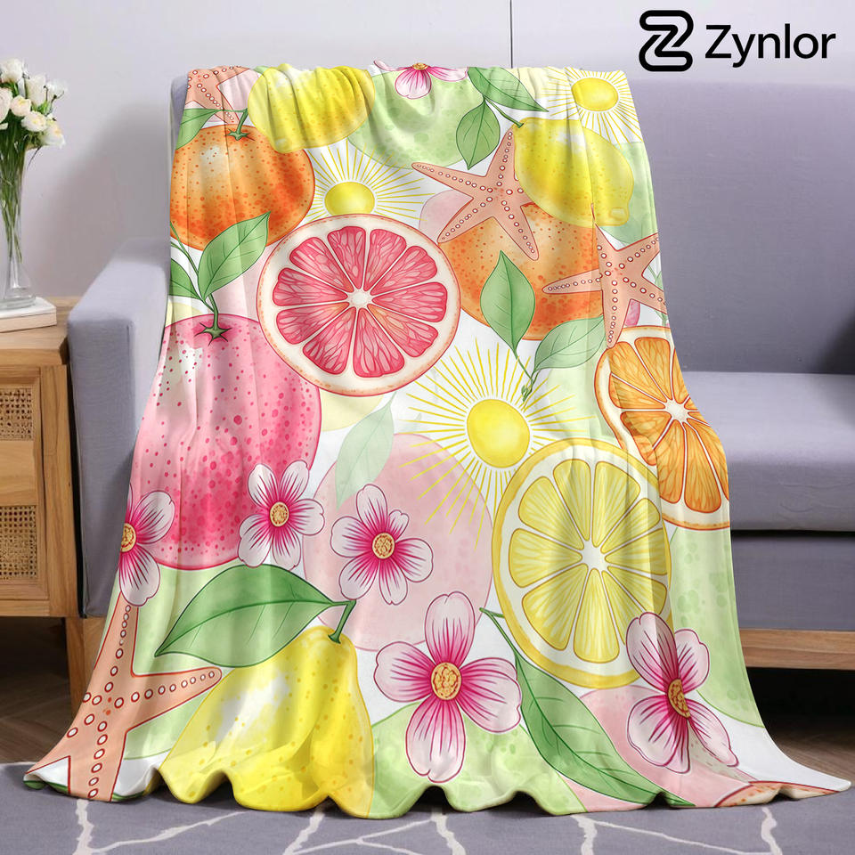 Tropical Citrus Floral Cartoon Anime Print Flannel Blanket Soft Warm Throw for Kids Bedroom Sofa Bed Christmas Office Car