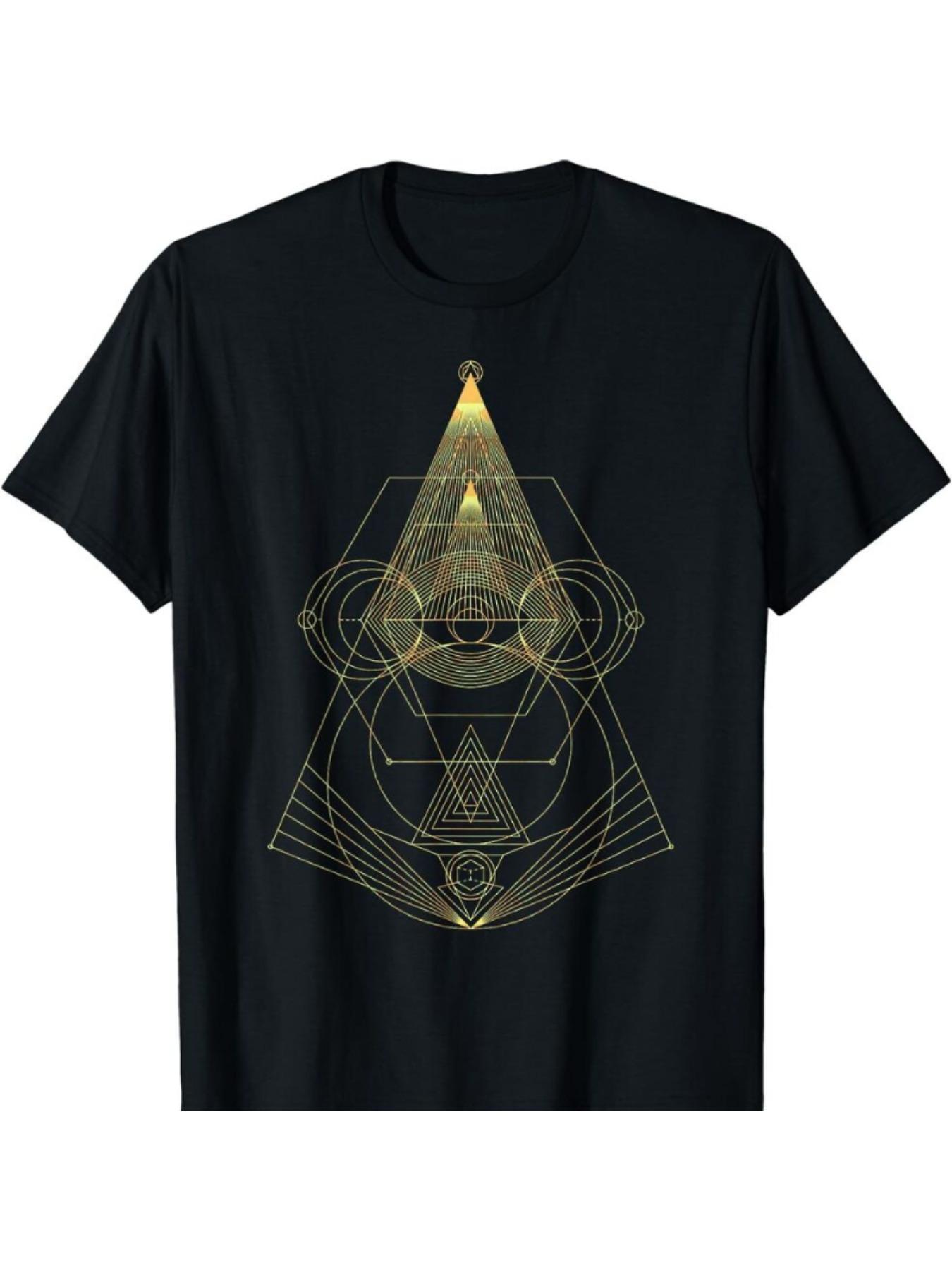 Sacred Geometry Print Cotton T-shirt - Black Golden Geometric Design S