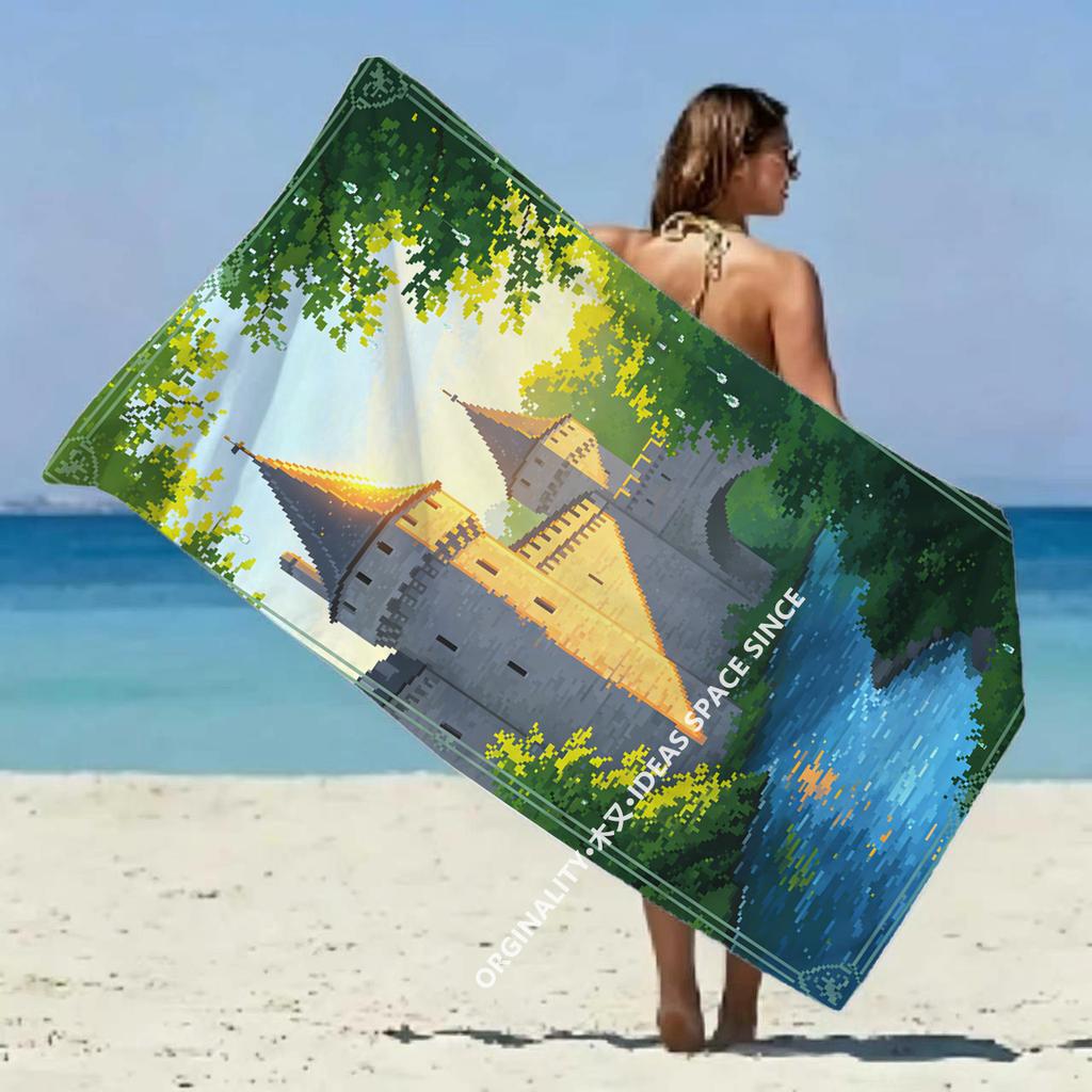 Pixel Art Fairy Castle Beach Towel Patterned Sunscreen And Windproof Suitable For Swimming Pool Camping Travel Blanket