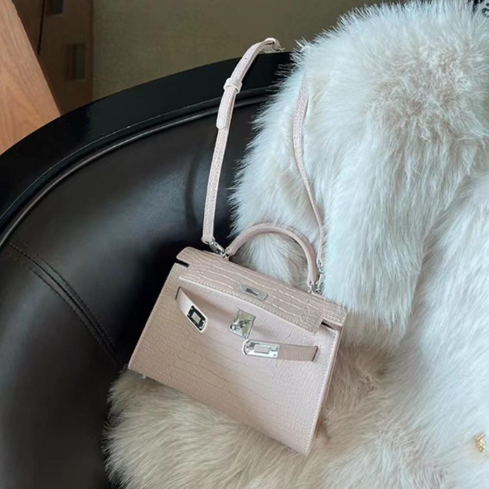 Pink Alligator Pattern Kelly Bag High-end Fluffy Handbag 2023 New Mini Shoulder Messenger Bag Bag Female