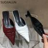 Fashion SUOJIALUN Fashion Brand Women Slipper Pointed Toe Slip On Mules Thin Low Heel Slides Shoes Pleated Design Sandal Flip Flops