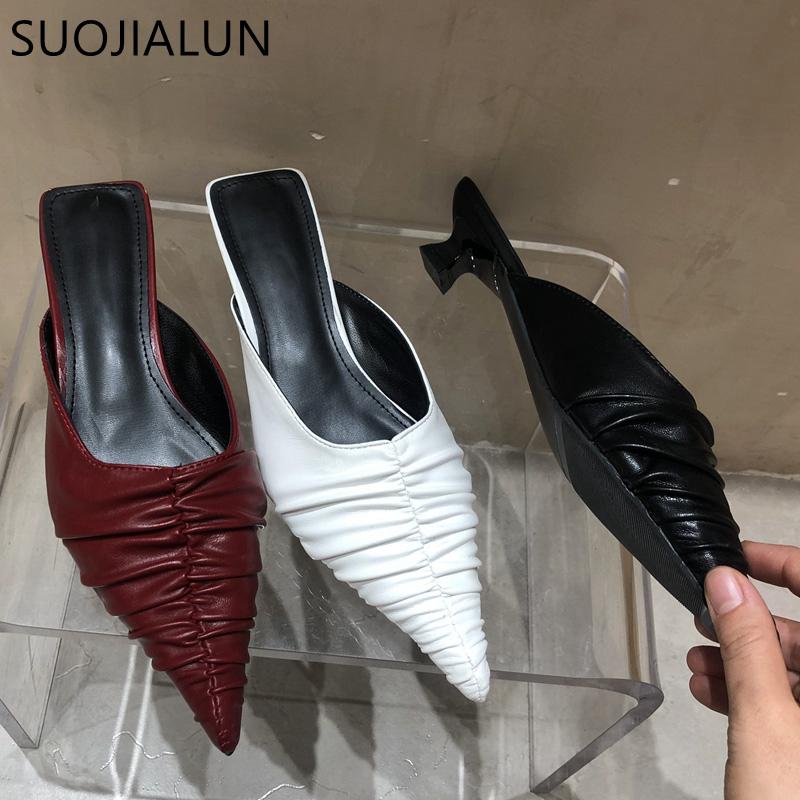 Fashion SUOJIALUN Fashion Brand Women Slipper Pointed Toe Slip On Mules Thin Low Heel Slides Shoes Pleated Design Sandal Flip Flops