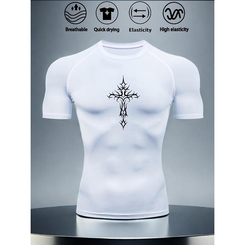 Men's Grey Compression T-Shirt with White Thorn Cross Print, Elastic Quick Drying Breathable Gym Workout & Sports Training Top