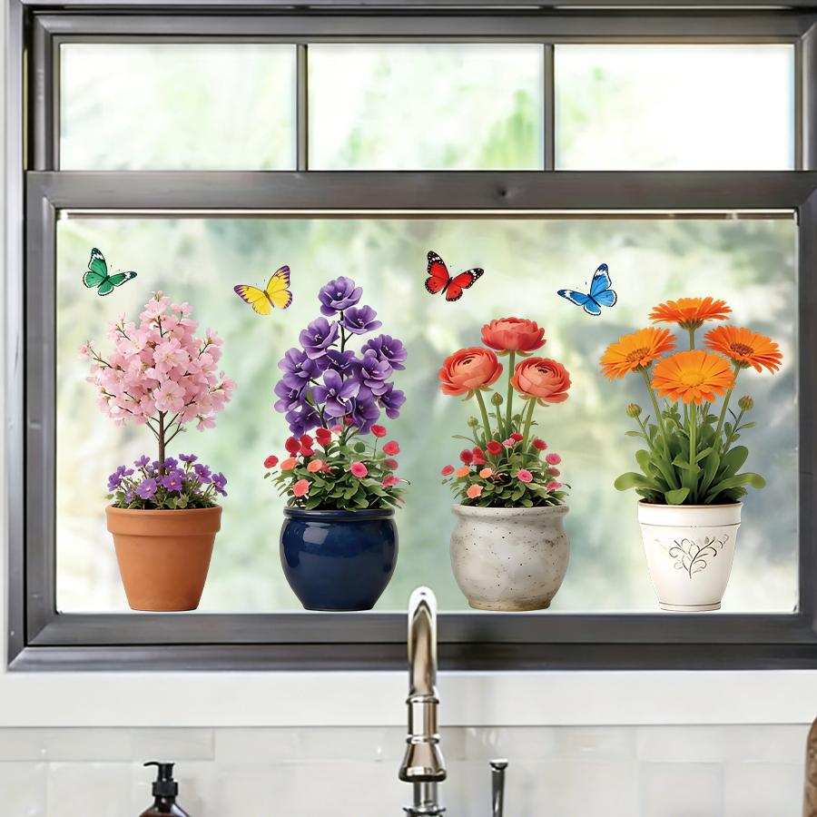 Watercolor Potted Flower Butterfly Window Clings Reusable Double-Sided Static Cling PVC Decals For bedroom Kitchen