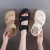 Medium Heel Velcro Soft Leather Sandals Women's Summer New Versatile Thick Sole with Skirt Slippers