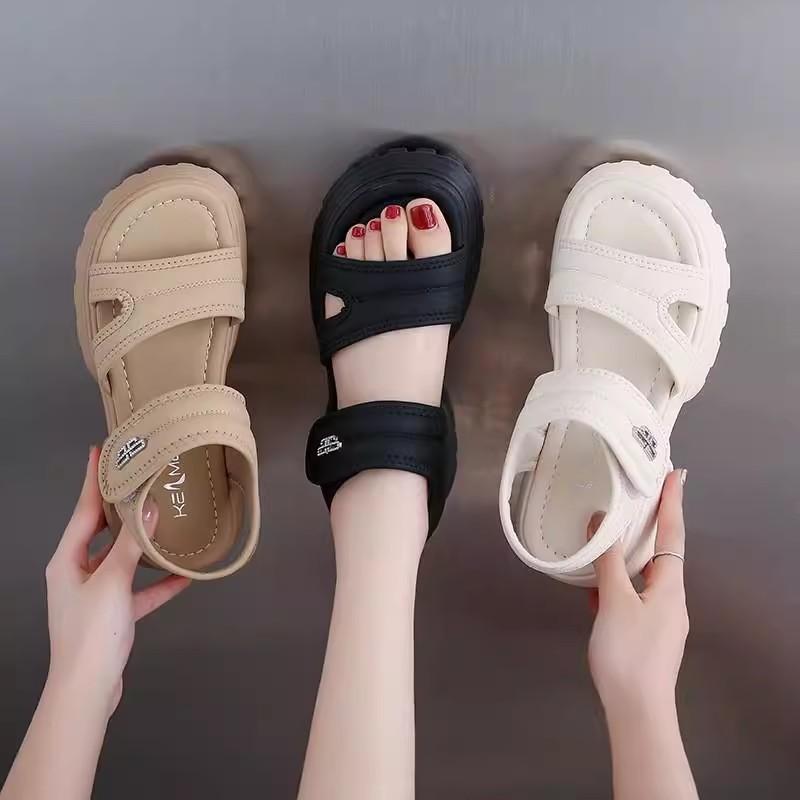 Medium Heel Velcro Soft Leather Sandals Women's Summer New Versatile Thick Sole with Skirt Slippers