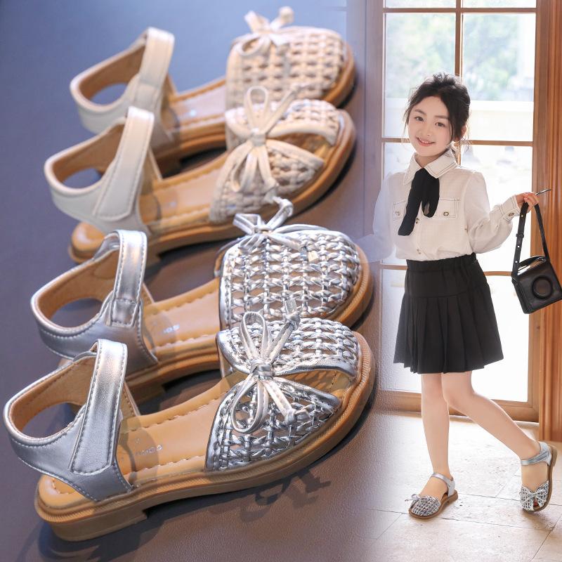 Girls Half Sandals Weave Trendy Soild Color Children Princess Shoes with Simple Bows 2025 Summer New Kids Beach Shoes Non-slip