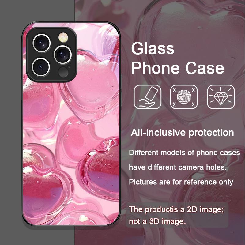 Stylish Pink Heart-Shaped Crystal Tempered Glass Phone Case for iPhone 17 16 Pro Max 15 14 13 12 11 Mini XS XR 7 8 14 Plus Cover
