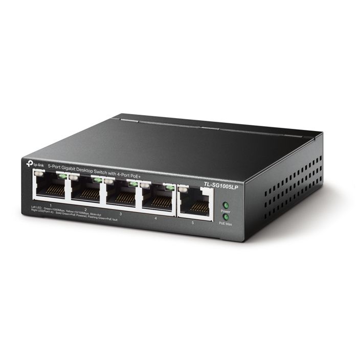 TPLINK TL-SG1005LP 5P Gb Switch 4P PoE+ TL-SG1005LP 5-Port Gigabit Desktop Stålkabinett Switch med 4-Port PoE+ 40W PoE-budsjett