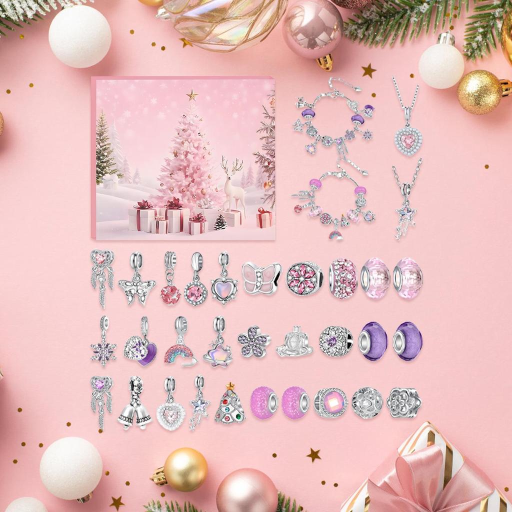 Christmas Countdown Advent Calendar Charm Bracelets Jewelry Making Kit With 29 Charm Beads And 2 Bracelets Festive Party Favors