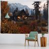 Forest Wooden House Tapestry Hanging Wall, Snow Mountain Landscape, Bohemian Tapestry, Hippie Living Room Wall Background Cloth