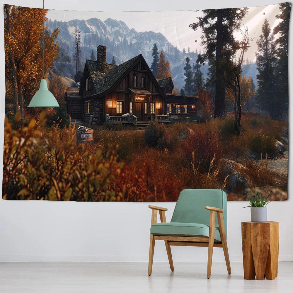Forest Wooden House Tapestry Hanging Wall, Snow Mountain Landscape, Bohemian Tapestry, Hippie Living Room Wall Background Cloth