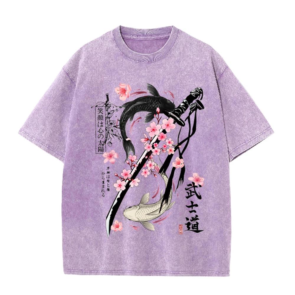2026 Vintage Washed Beige Japanese Koi Fish Sakura Katana Graphic T Shirt Oriental Retro Animal Print Oversized Casual Short Sle