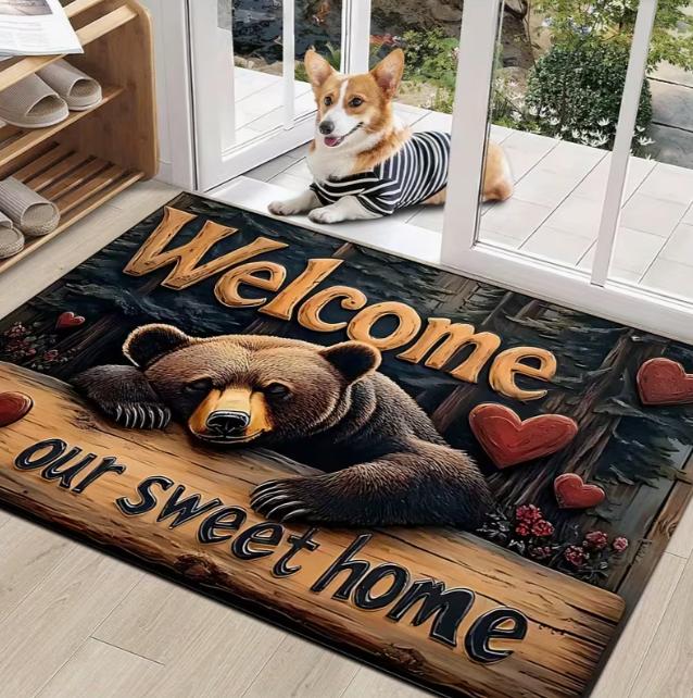 

A Rectangular Doormat with A Bear and Forest Perfect for Indoor Use, Such As Entrance, Living Room Hallway and Kitchen Carpet 40cm x 60cm