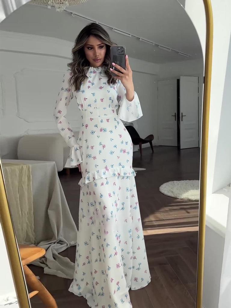 European & American Floral Ruffle Long Dress - Gentle Style, Fresh Spring White, 2024 Collection
