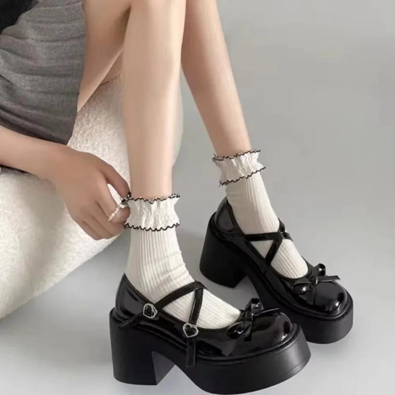 High Heel Square Heel Mary Janes Round Toe Slip-on  High Quality Ladies Shoes Spring/autumn Solid Dress Shallow Pumps