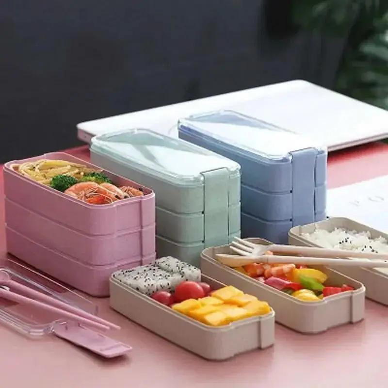 Nordischer Stil Gesundes Material Lunchbox 3 Schichten Weizenstroh Bento Boxen Mikrowellengeschirr Lebensmittelaufbewahrungsbehälter Lunchboxen