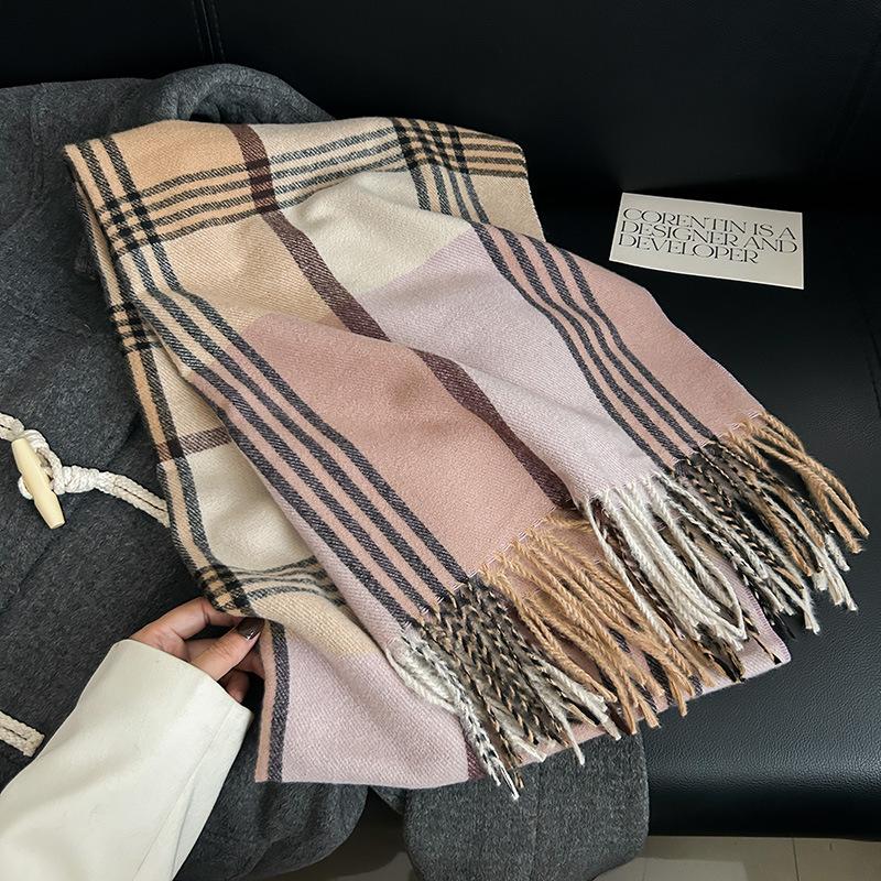 High-end niche striped plaid warm scarf autumn and winter couple fashion trend imitation cashmere fringed shawl