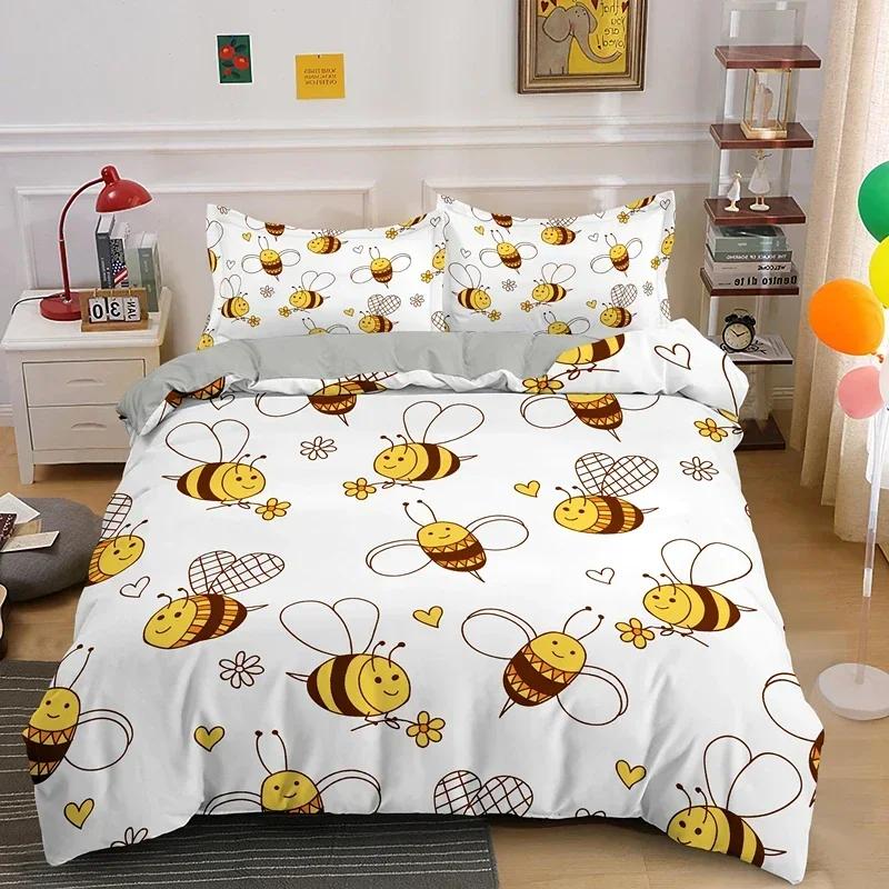 3Pcs Cute Cartoon Bee Bedding Set King Queen Sweet Duvet Cover Set Honey Kids Boys Girl Spring Insect Polyester Quilt Cover