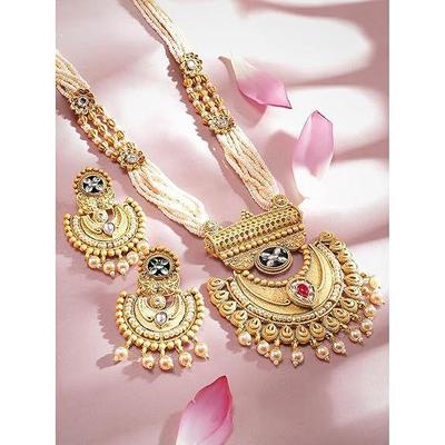 Gold-Plated Handcrafted Artificial Traditional Jewelry Set-Ruby/Kundan Stones & Pearl Beaded Multistrand with Matching Earrings For Women and Girls