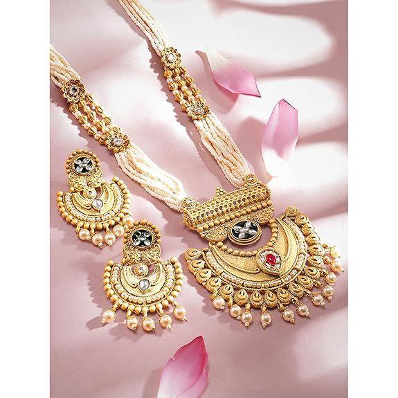 Gold-Plated Handcrafted Artificial Traditional Jewelry Set-Ruby/Kundan Stones & Pearl Beaded Multistrand with Matching Earrings For Women and Girls