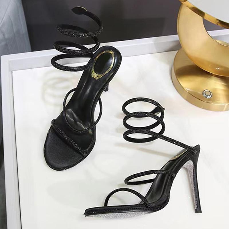 Liyke  Summer Fashion Rhinestone Ankle Snake Twine Around Strap High Heels Sandals Women Sexy Open Toe Wedding Banquet Shoes