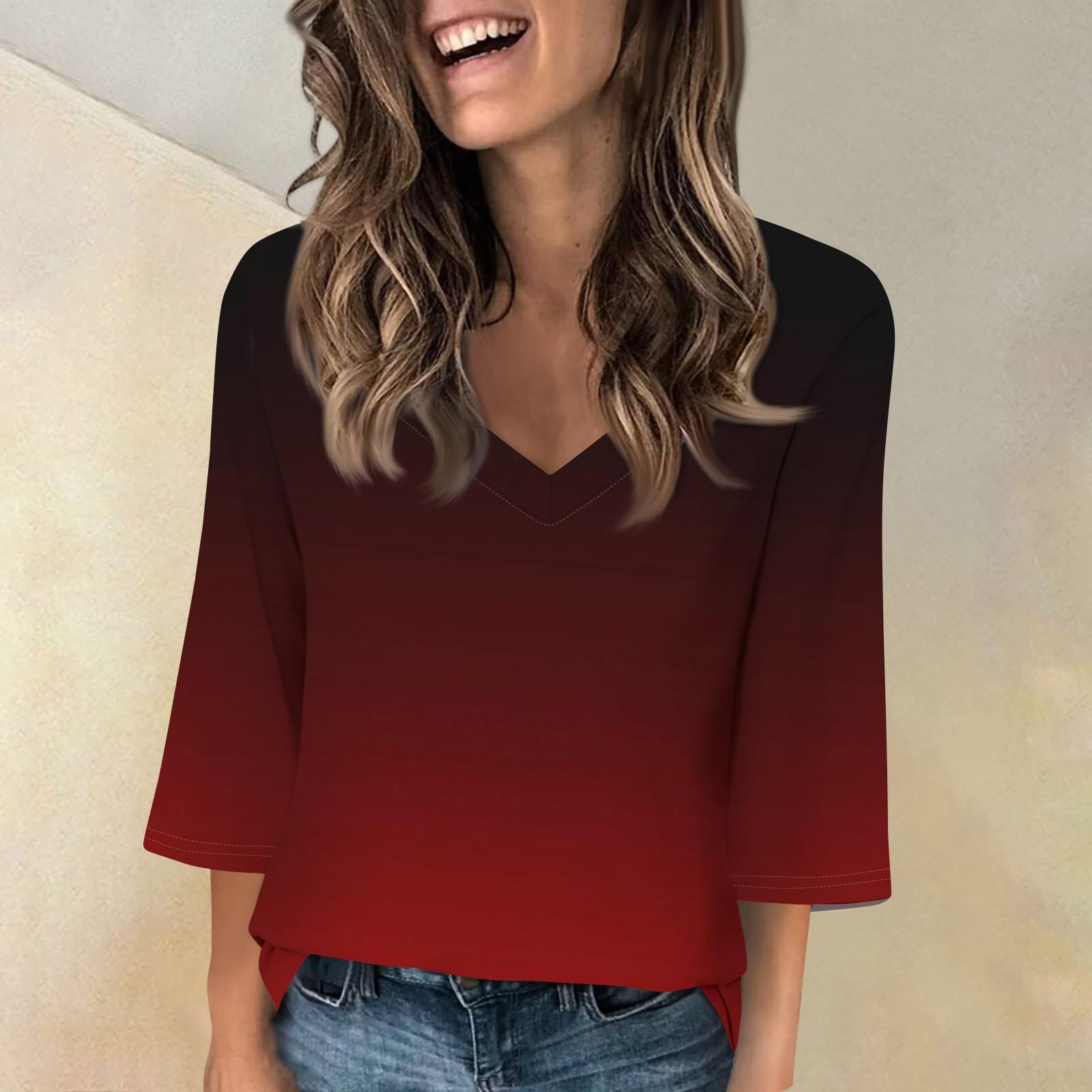 

Жіночі топи з V-подібним вирізом і рукавами 3/4, повсякденні футболки, базові літні футболки, вільні осінні пуловери, туніки XL винний