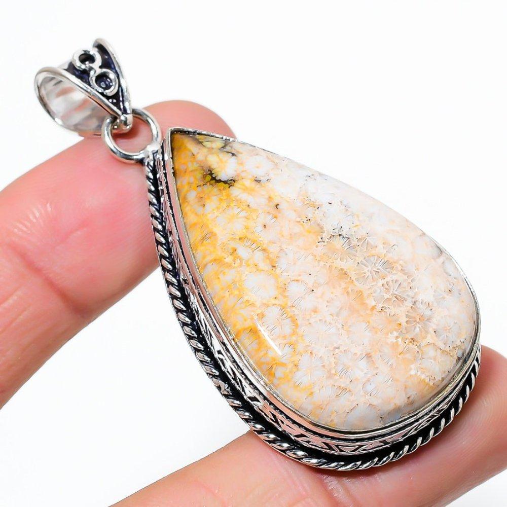 Fossil Coral Gemstone Handmade 925 Sterling Silver Jewelry Pendant 2.40" A5w62