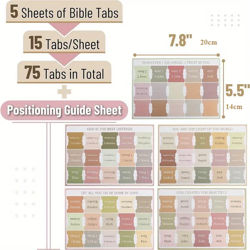 5pcs/75Tabs Boho Theme Laminated Bible Tabs – Colorful Index Tabs for Bible Study, Scripture Organization, and Easy Navigation