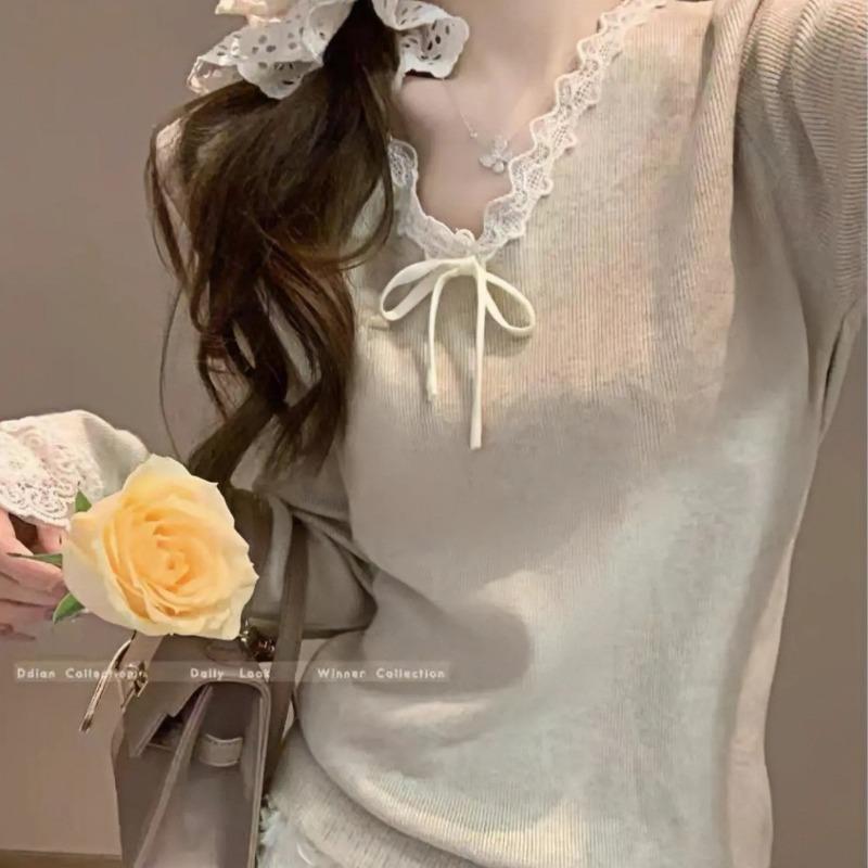 Lace V-neck Knitted Sweater Women's Autumn and Winter Slim-fitting Waist Long-sleeved Inner Top Soft Waxy Backing Fashionable Sweater