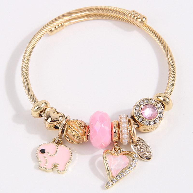 Стильный металлический браслет с подвесками-сердечками и слониками - Персонализированный многоэлементный аксессуар розовый