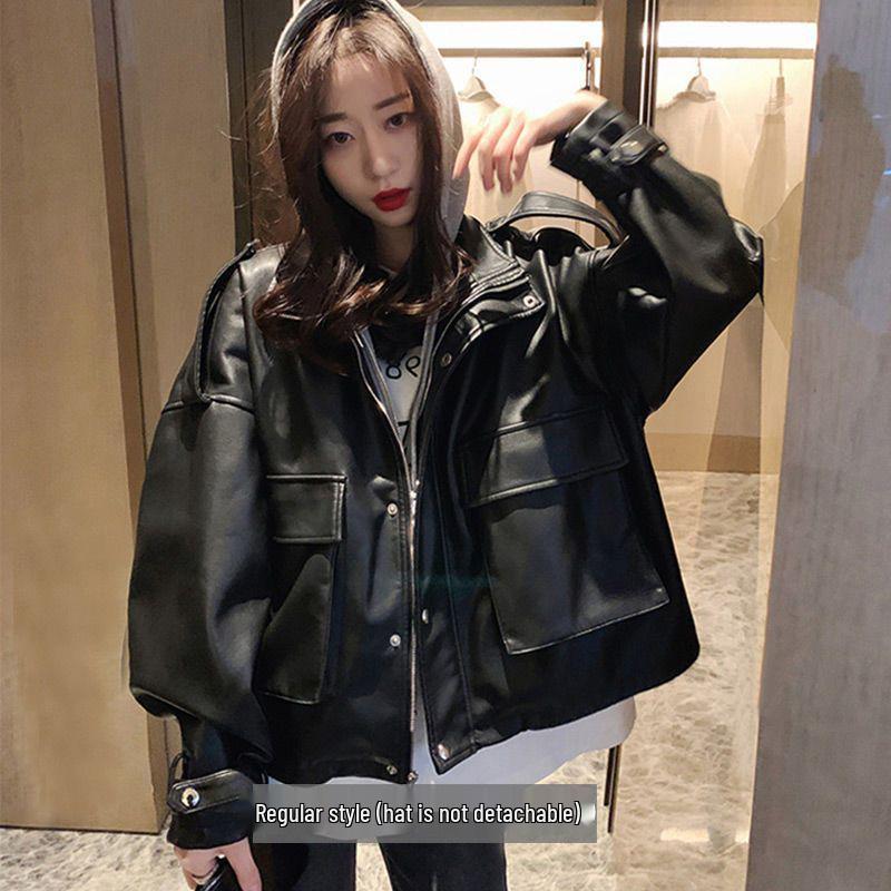 

Женская куртка из искусственной кожи с вельветовой подкладкой, имитирующая костюм-двойку - Трендовый мотоциклетный стиль для весны и осени 2023 M 67.5kg-82.5kg