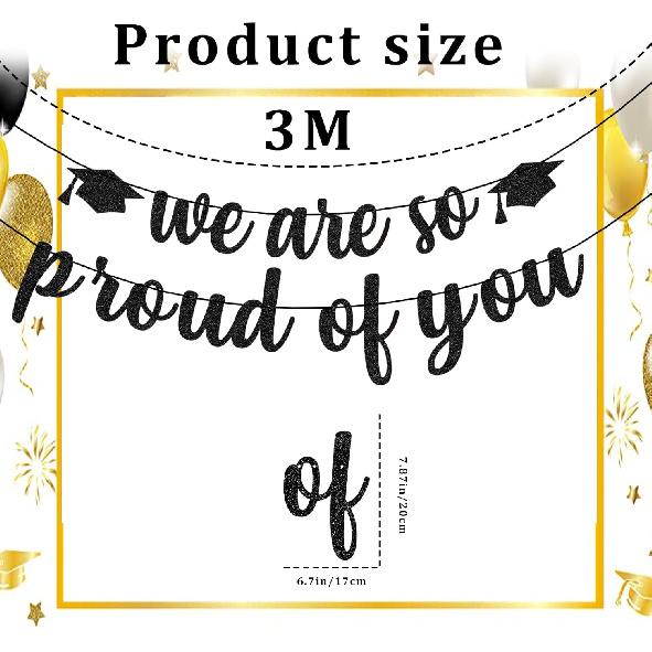 We Are So Proud of You Banner – Black Glitter Graduation Decorations 2025, Pre-Strung Congrats Grad Banner for College, High School, Senior Party,