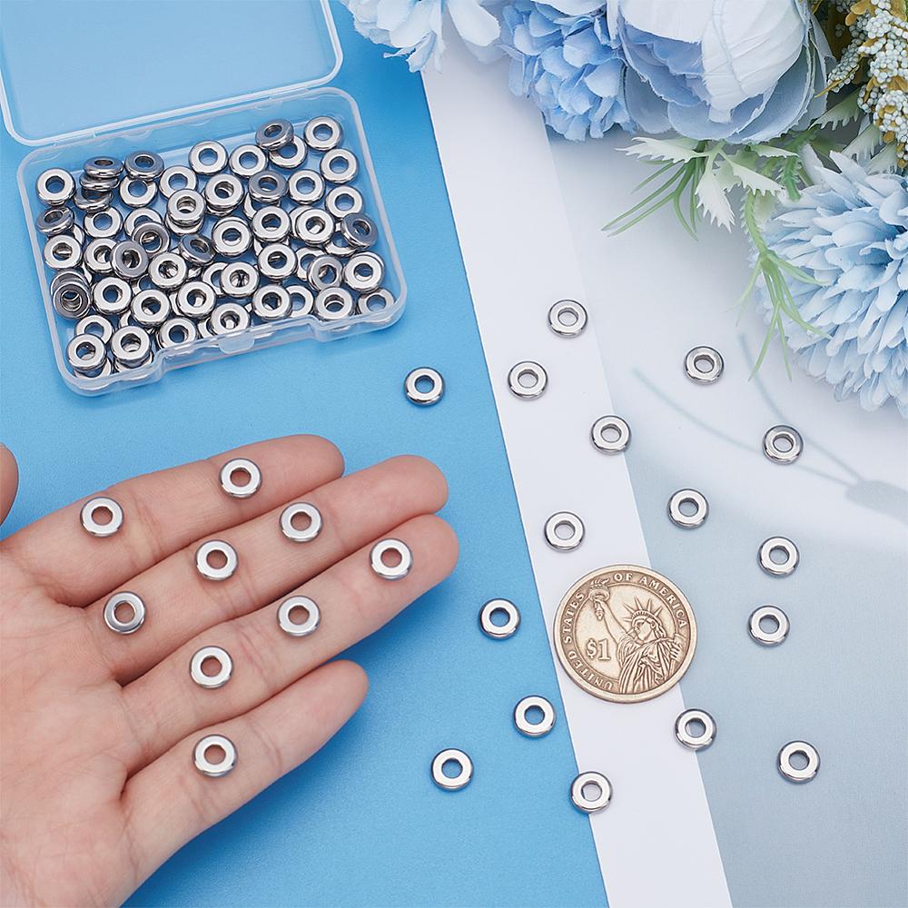 100Pcs 304 Stainless Steel Spacer Beads, Flat Round, Stainless Steel Color, 8x2mm, Hole: 3.5mm