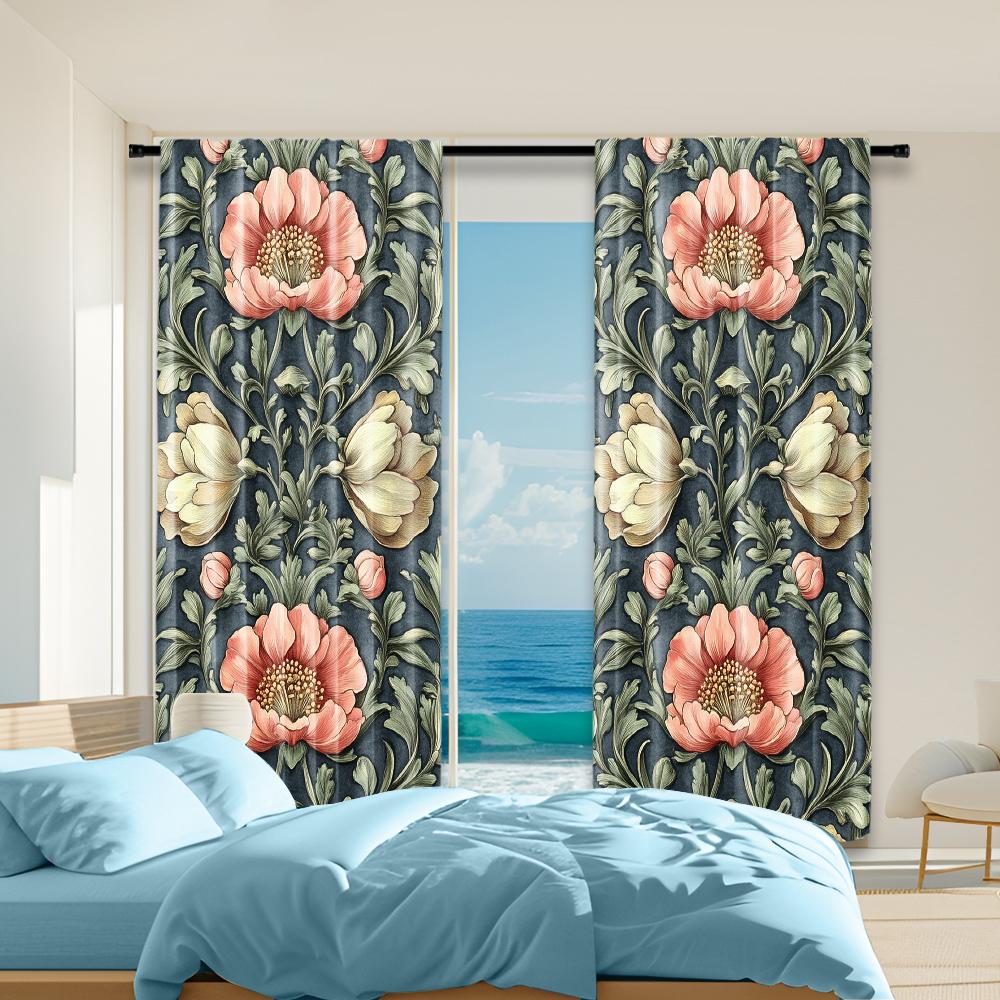 

Vintage Versatile Polyester Transparent Curtains Home Decoration Floral Use Bedrooms Living Rooms Set Of 2 Made Room Decor W100*H70(CM)-Hooks&1PCS