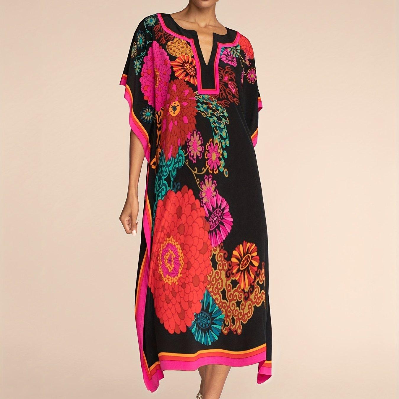 

Повседневная накидка больших размеров, женская накидка размера плюс с цветными блоками и цветочным принтом, рукав «летучая мышь» с вырезом, макси-накидка One-size розы красного