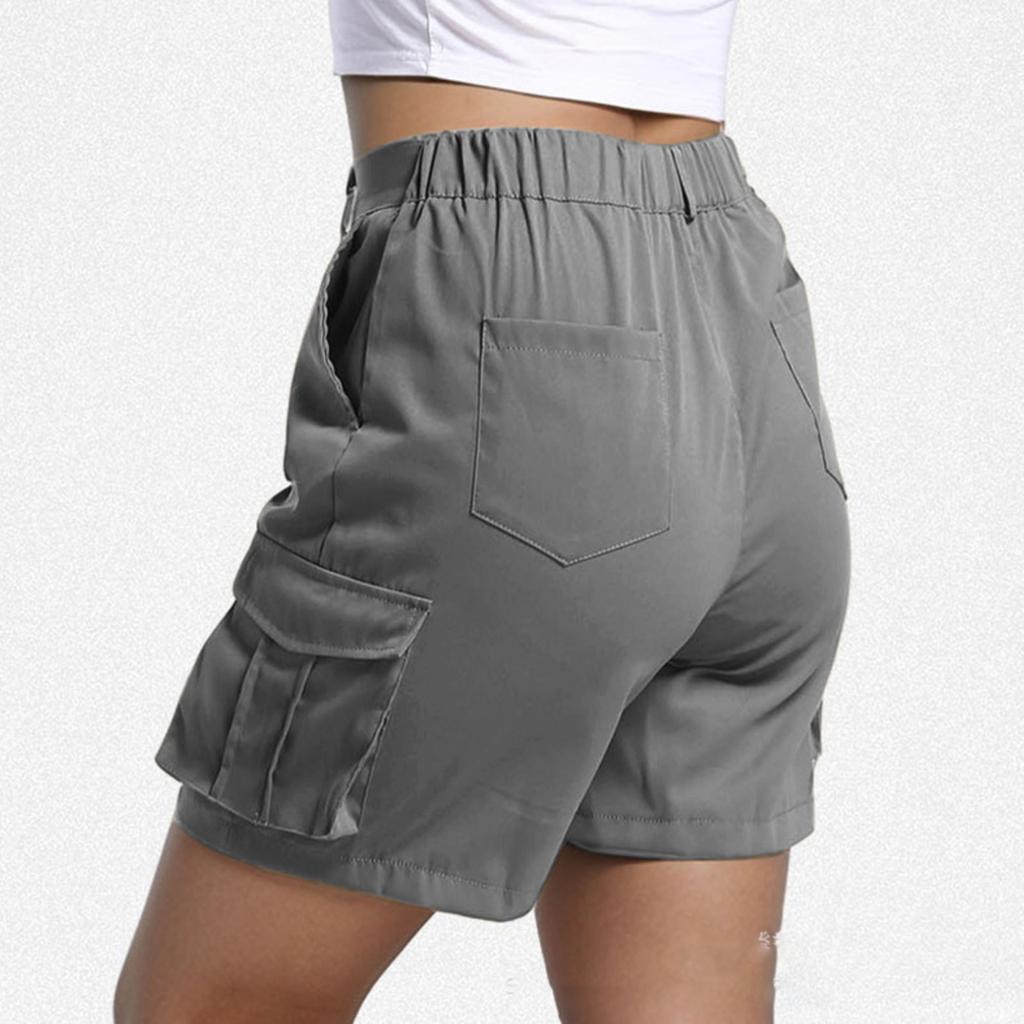 Women Casual Solid Elastic Waist Cargo Shorts with Pockets Relaxed Fit Utility Design for Everyday Wear Outdoor Activities