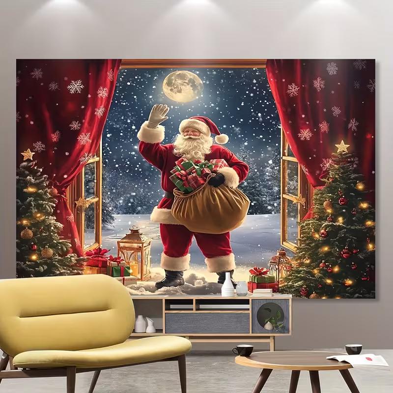 2D Winter Santa Claus Backdrop, Christmas Night Window with Snowflakes Banner
