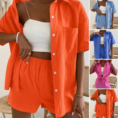 Women Tracksuit Solid Color Short Sleeves Casual Single-breasted Deep Crotch Summer Blouse Shorts Set Daily Clothes