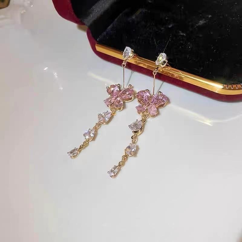 Modische Romantische Glänzende Rosa Kristall Schmetterling Ohrringe für Damen Wassertropfen Zirkonia Lange Quastenohrringe Hochzeit Zirkonia