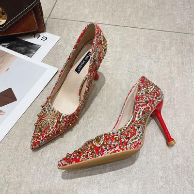 Hochzeitsschuhe Brautjungfer Hochzeitsschuhe Damen Neue Flache Mund Damen High Heels Strass Damen Stiletto Schuhe Nietennetz Rot 16