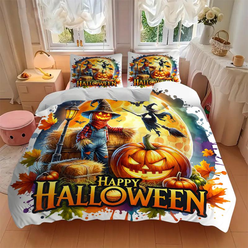 3pcs Scarecrow Halloween Design Quilt Cover Set (1 Quilt Cover + 2 Pillowcases Without Pillow Core), High-Definition Printing for Home and Dormit