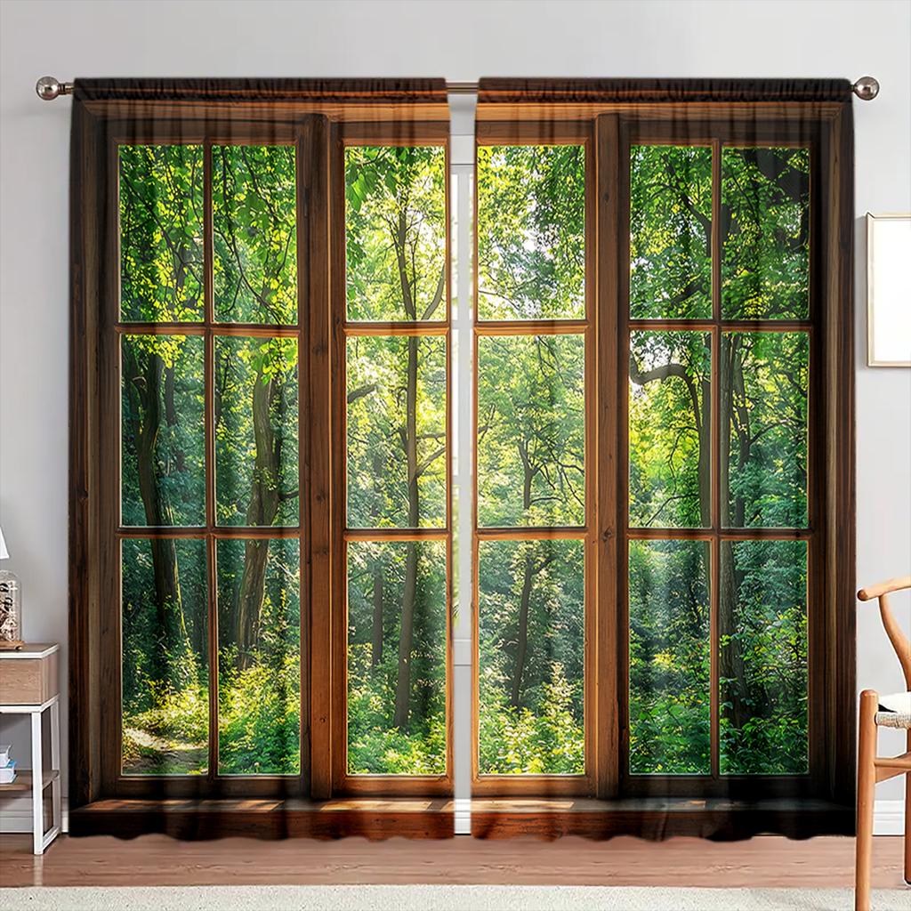 2pcs  Decorate The Forest Outside Printed Curtain for Home Decor - Rod Pocket Window Treatment for Bedroom, Office, Kitchen
