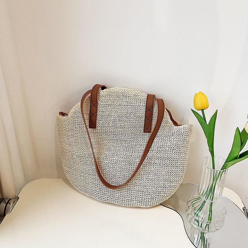 Вместительная плетеная сумка-тоут из соломы для женщин - Минималистичная однотонная сумка на плечо для летнего пляжного отдыха белый 1765₽