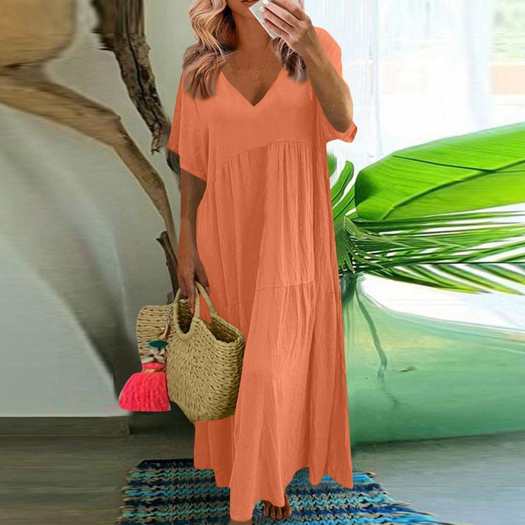 Damen Sommer Mode V-Ausschnitt Farbe Große Größe Locker Lang Groß Schwingend Kurzärmliges Kleid