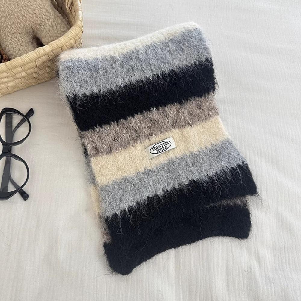 Preppy Style Stripe Scarf Plush Knitted Shawl Simple Plaid Wool Scarf  Girl