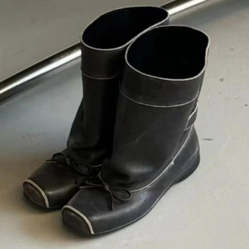 

Женские зимние сапоги с бантом и квадратным носком, обувь на плоской подошве, дизайнерская обувь, модные зимние мотоциклетные сапоги 2024 года, трендовое платье Zapatillas Mujer 35