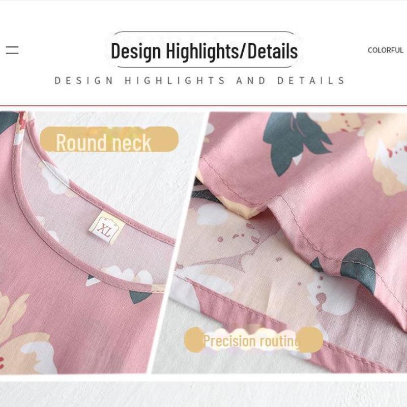 Women's Summer Short-Sleeve Cotton Silk Pajama Set - Lightweight, Two-Piece Loungewear for Outdoor and Indoor Use